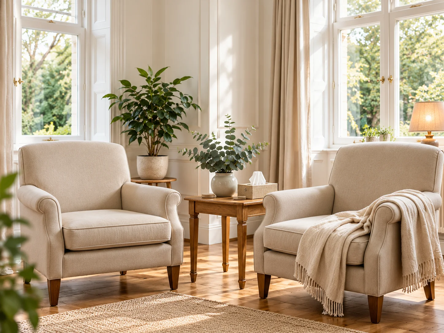 A peaceful, sunlit counselling-style room with two comfortable armchairs