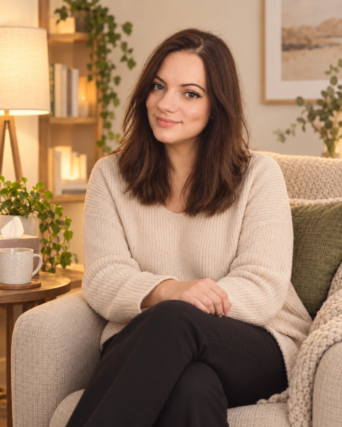 Kelly Fernandes seated in a welcoming, softly lit counselling room